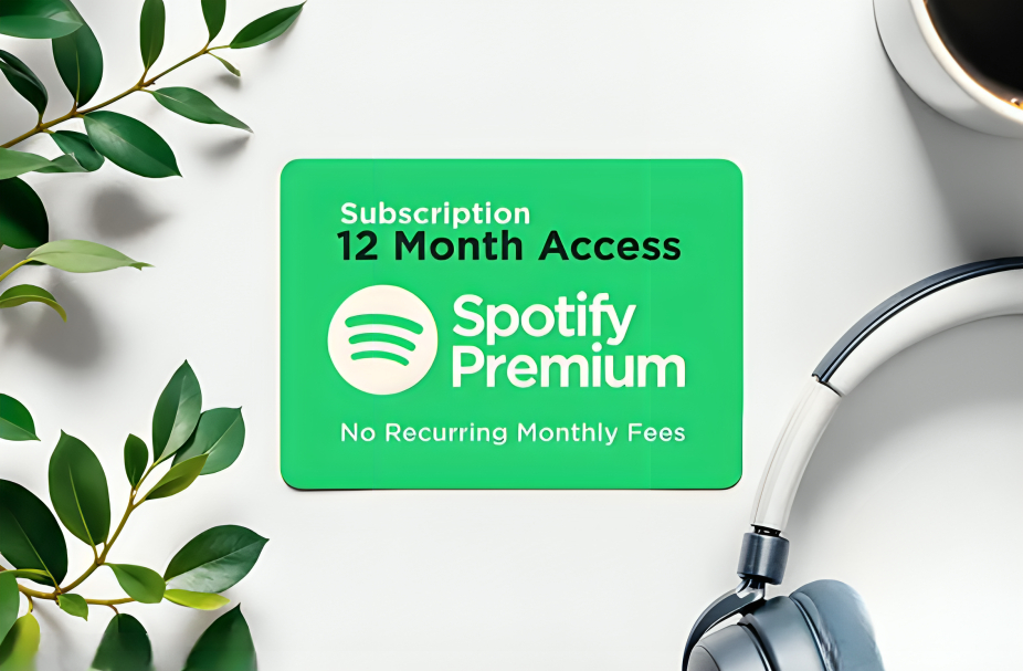Illustration of a green Spotify Premium 12 Month Access card on a white surface with green leaves, a cup of coffee, and headphones.