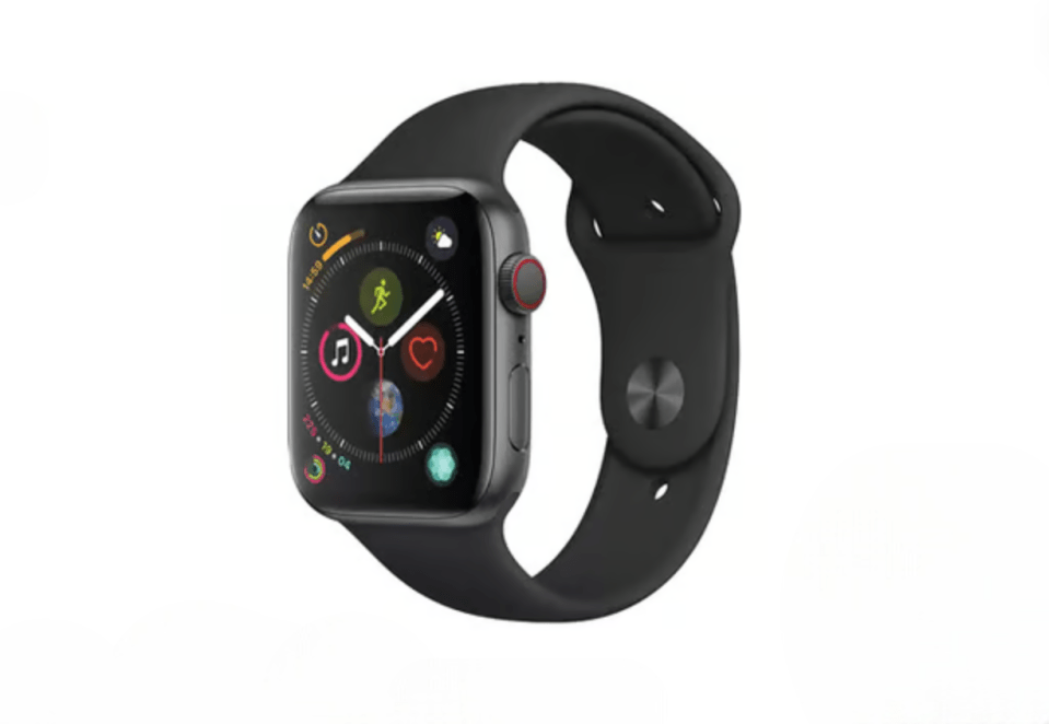 Apple Watch with a black band.