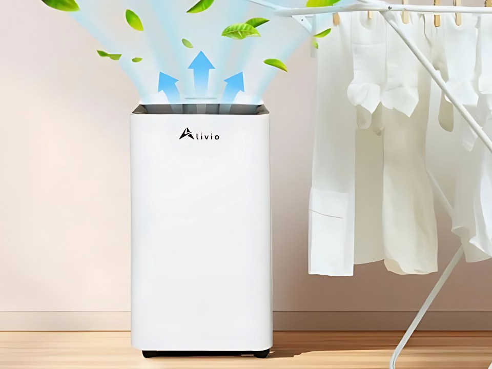 An Alivio dehumidifier with blue arrows and green leaves floating from the top, next to a clothes drying rack with white clothes.