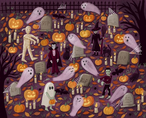 Illustration of a Halloween brainteaser with pumpkins, ghosts, tombstones, and costumed characters.