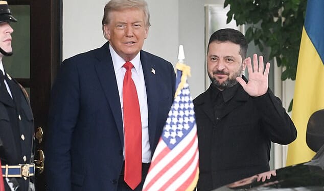 President Donald Trump (left) greets Ukrainian President Volodymyr Zelensky (right) outside the West Wing in August - the second meeting the president had with Zelensky of his second term