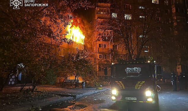 A  photo released by the Ukrainian Emergency Service today depicts a burning apartment following Russian airstrikes overnight. The strikes, which lasted most of Tuesday night, targeted residential buildings and power infrastructure in several regions
