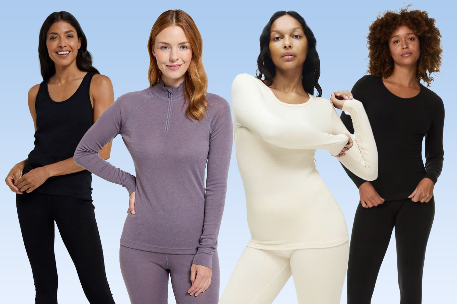Four women modeling thermal underwear in black, purple, cream, and black again.