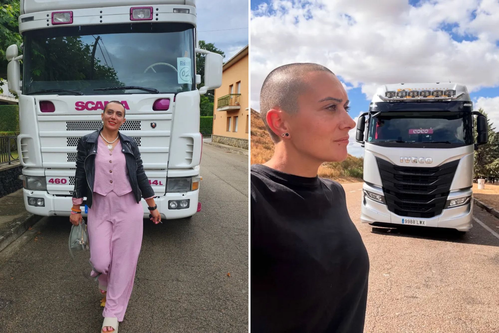 An image collage containing 2 images, Image 1 shows Oti Cabadas, known as Coco Trucker Girl, in front of a white Scania truck, Image 2 shows Oti Cabadas, a trucker girl influencer, in front of a white Iveco truck