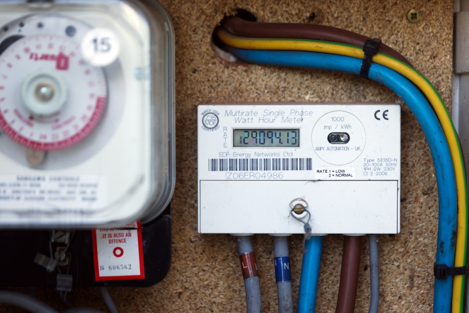 Electricity meter outside a home in the U.K. showing energy consumption.