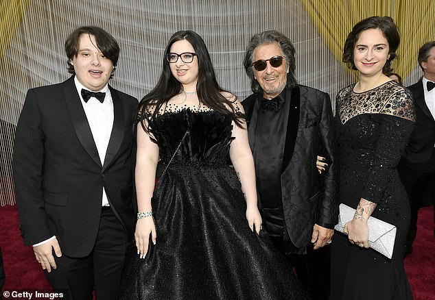85-year-old Al Pacino, is a devoted father to his four children: Julie, 36, twins Anton and Olivia, 24, and his youngest Roman, two (Anton, Olivia and Julie pictured L-R in 2020)