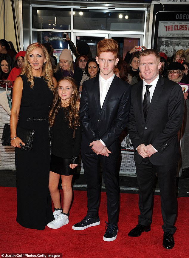 Paul and wife Claire (left), pictured with Arron and Alicia in 2013 for the Class Of 92 film, are now separated and share custody of their youngest son (not pictured)