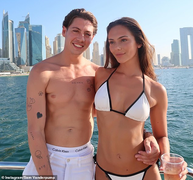 ‘We’re actually getting married in December,’ Sam reveals. ‘We’re not calling it a wedding. Our proper wedding will be early summer 2027'