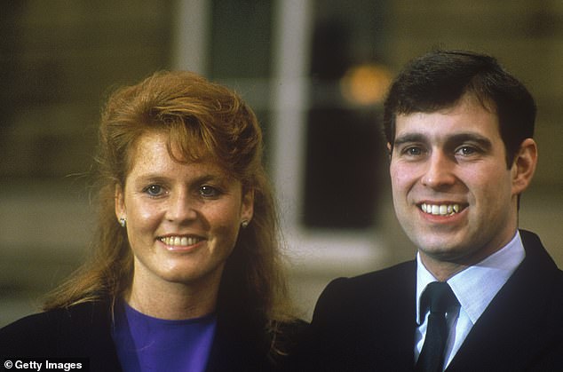 Prince Andrew, Duke of York with Sarah Ferguson after their engagement announcement, Buckingham Palace, London, March 17, 1986