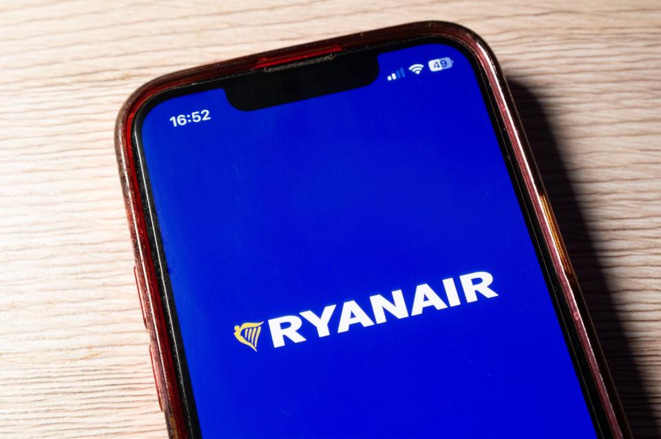 Smartphone displaying the Ryanair mobile app.