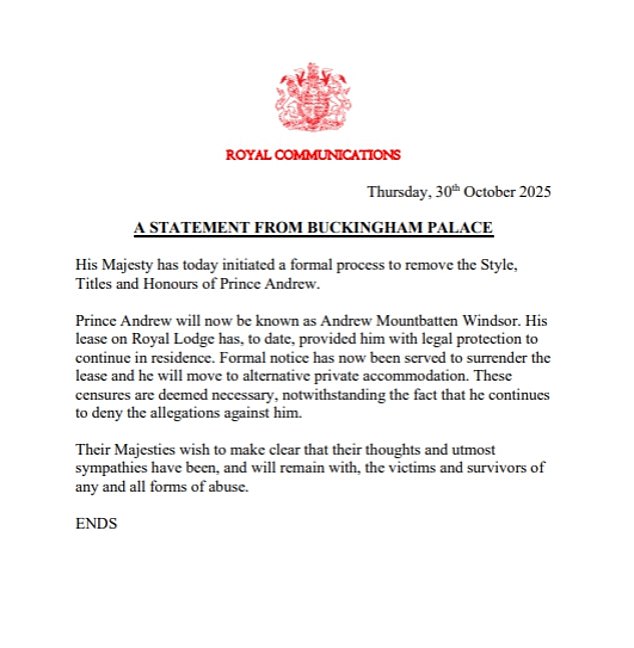 Buckingham Palace released a public statement announcing Andrew would no longer be a prince