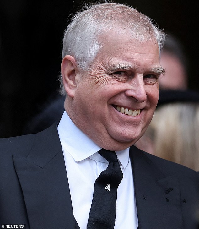 Prince Andrew was seen grinning and engaging in light conversation at the end of the Requiem Mass, on the day of the funeral of Katharine, Duchess of Kent