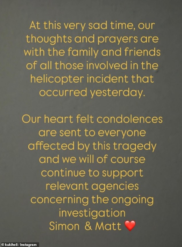 The aviation school which owns the helicopter - and says on social media it has a '100 per cent safety record' - yesterday released a statement (pictured) on the tragic accident