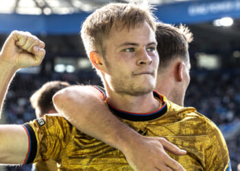 Son of Premier League legend scores twice against Leicester almost 24 years to the day since his dad netted against them