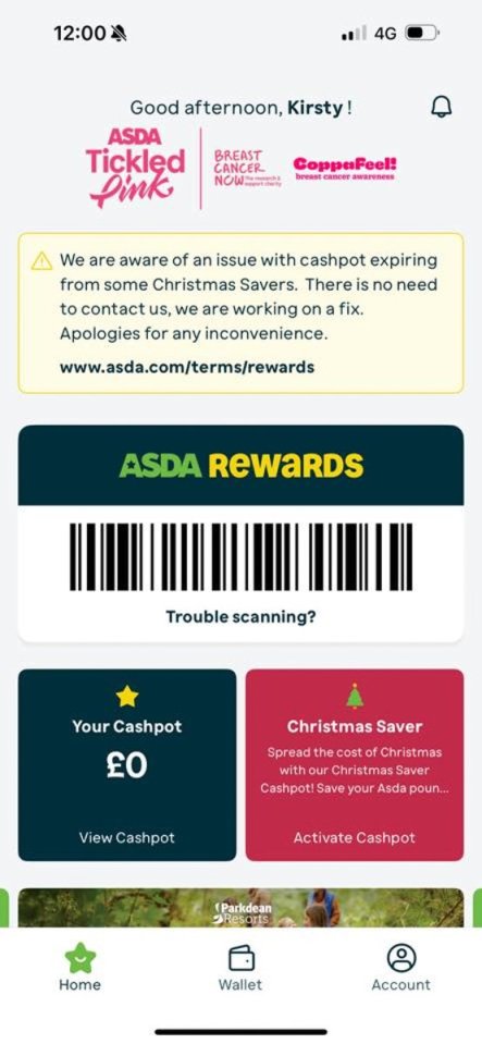 Screenshot of an Asda Rewards app showing a barcode, Cashpot balance of £0, and options for Christmas Saver.