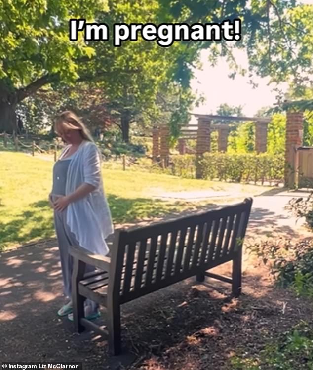 Liz and Peter - who tied the knot in 2023 - announced their happy news in May through an emotional Instagram clip (pictured)