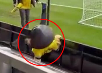 Moment 'drunk' non-league mascot is ejected from stadium after stumbling around