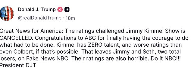 The message came after ABC temporarily suspended Jimmy Kimmel's show over comments he made about Charlie Kirk's alleged assassin