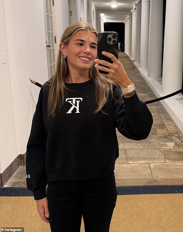 Kai Trump shows off her new branded sweatshirts while visiting the White House