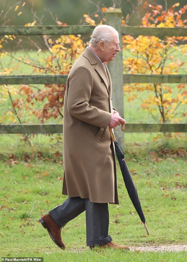The King and Camilla have also sent their 'deepest sympathy' to the passengers targeted in the Huntingdon attack. Pictured: Charles on his way to St. Mary Magdalene Church on Sunday morning