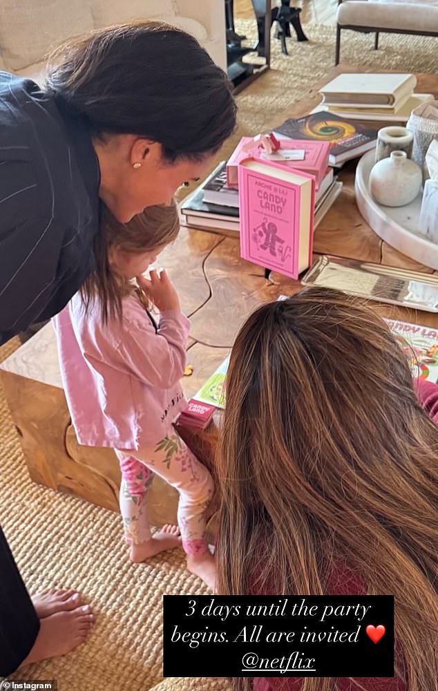 Rosy leggings and a matching top were also sported by the Princess in a clip shared by Meghan which showed the youngster playing a board game with Serena Williams (pictured)