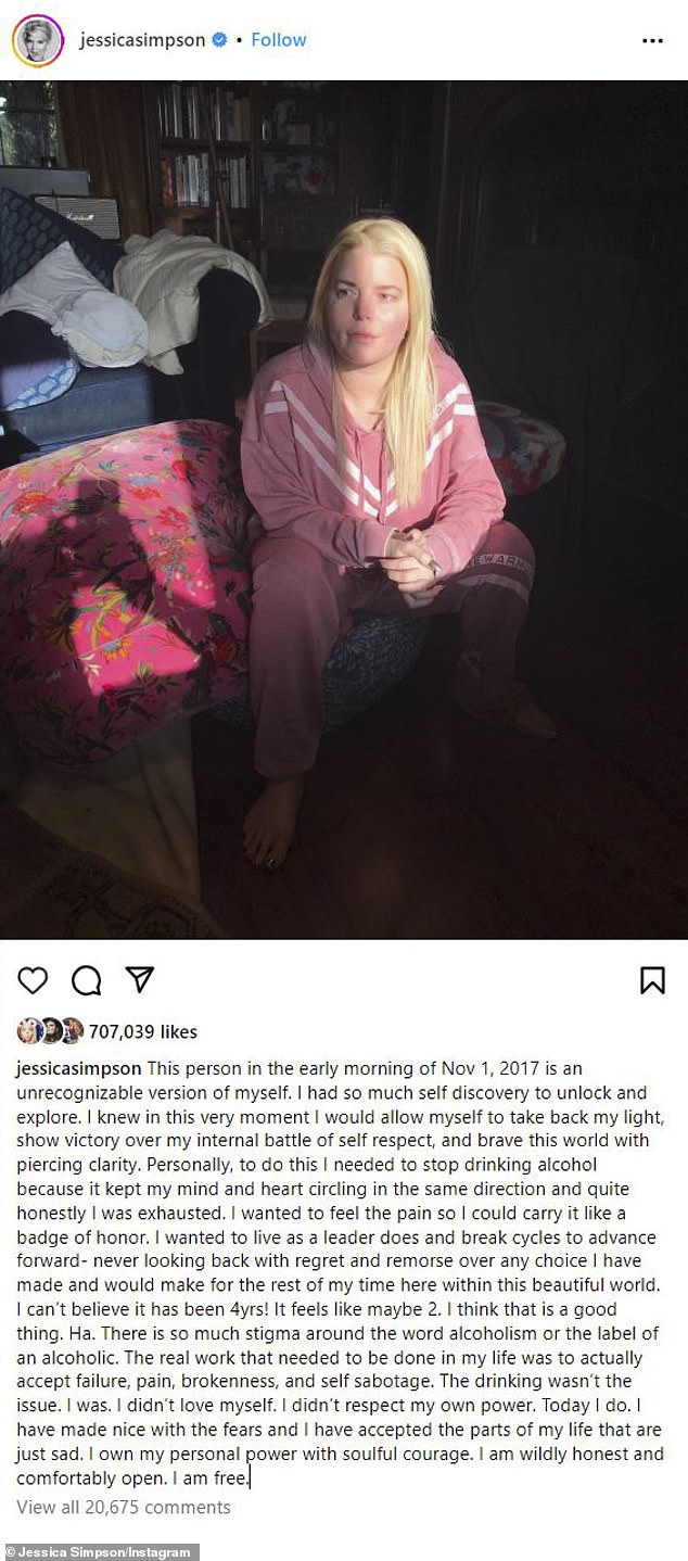 Simpson previously shared a photo of herself from November 1, 2017, which she dubbed 'unrecognizable' after hitting 'rock bottom' during her battle with addiction