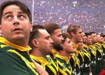 Moment serial prankster lined up with Australian rugby league team before clash with England