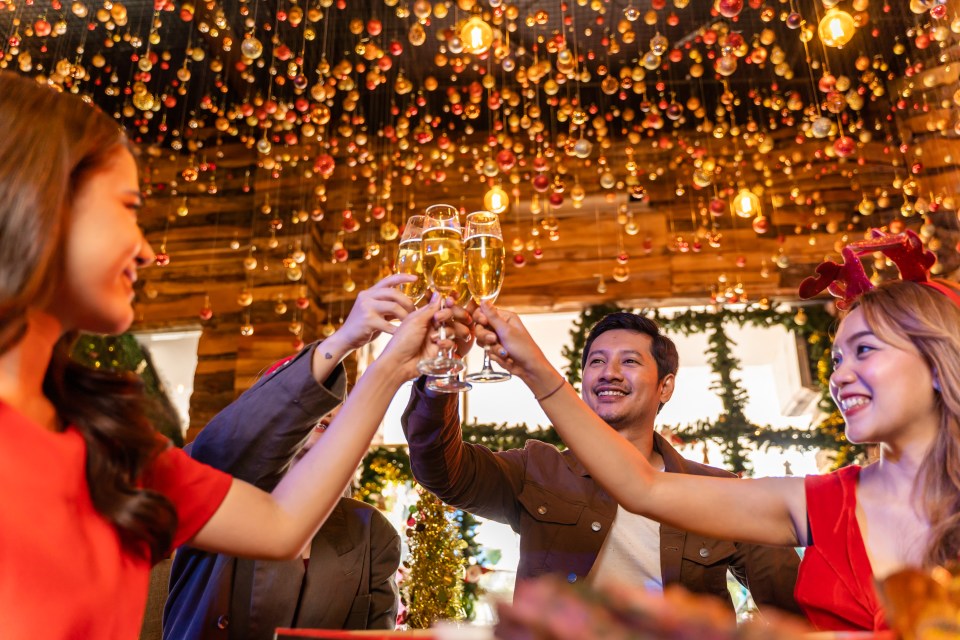 Friends making a celebratory toast with champagne glasses at a festive dinner party.