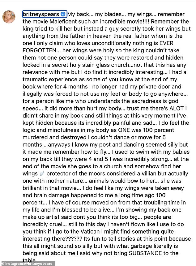 In another bizarre post last month Spears claimed that she had suffered 'brain damage'