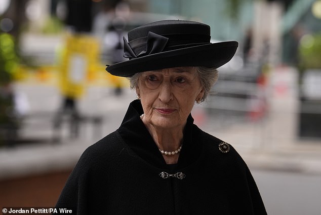 William's comforting gesture to Kate may indeed have been due to an abundance of controversies that had overshadowed the days leading up to the event, including a furious race row involving William's own godmother, Lady Susan Hussey (pictured)