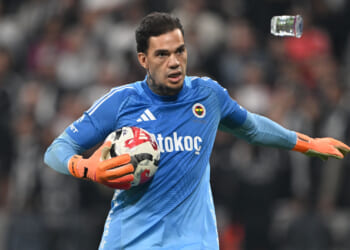 Moment ex-Man City star Ederson is pelted with cups by fuming Besiktas fans before he tries to VOLLEY one back at them