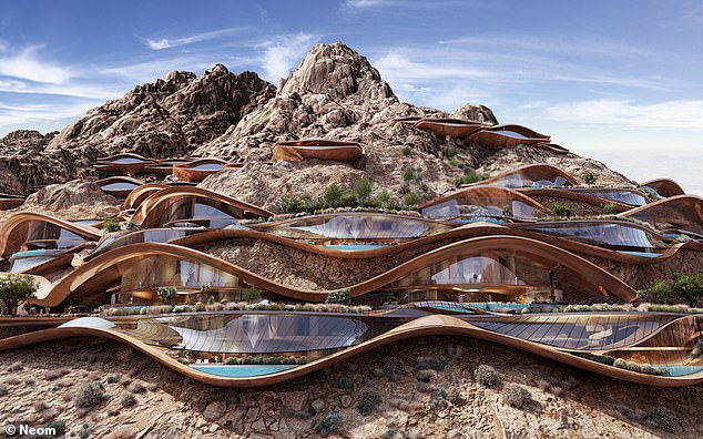 Trojena, a mountain resort, (pictured) was meant to host the 2029 Asian Winter Games, using man-made snow from water collected from a man-made lake