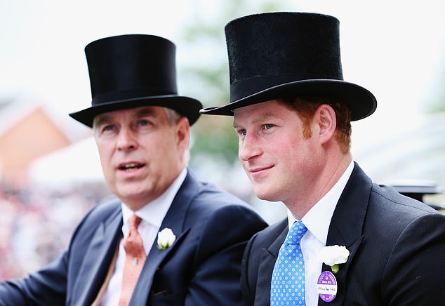 While there may be a 'divide' among the Sussexes on supporting Beatrice and Eugenie, neither Harry nor Meghan 'will want to be associated' with Andrew, 65, and his ex-wife Sarah Ferguson , he added. Pictured: the disgraced former Duke of York with Harry (right) at Royal Ascot in June 2014