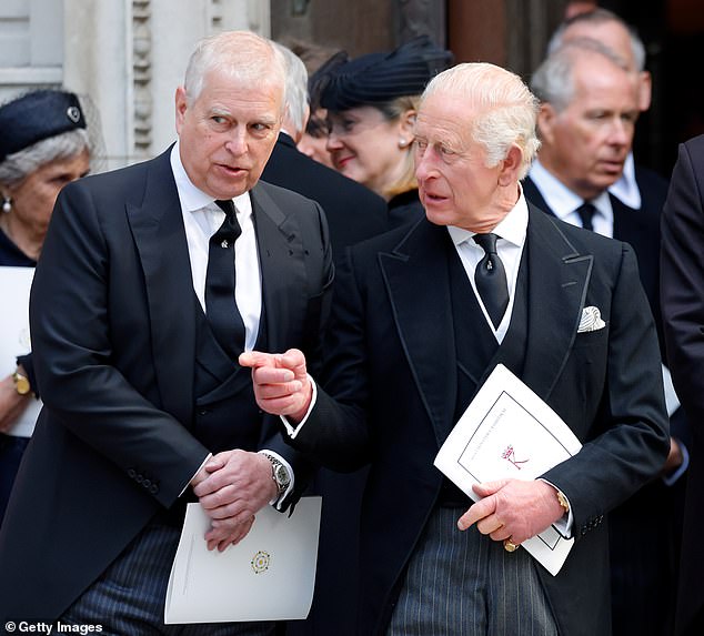 Andrew with King Charles at the funeral of Katharine, Duchess of Kent, on September 2025