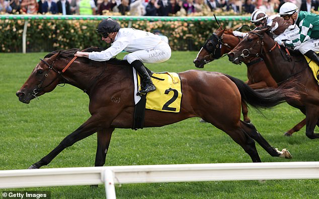 MELBOURNE, AUSTRALIA - NOVEMBER 04: James McDonald rides #2 Pallaton to win race four The Schweppervescence Plate during Melbourne Cup Day at Flemington Racecourse on November 04, 2025 in Melbourne, Australia. (Photo by Robert Cianflone/Getty Images)