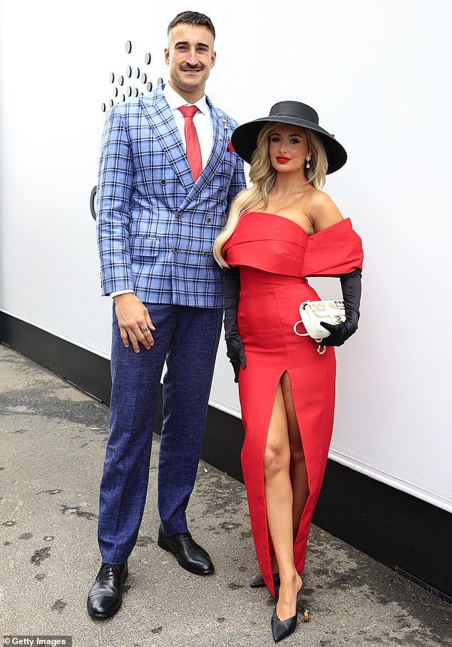 MELBOURNE, AUSTRALIA - NOVEMBER 04: Ivan Soldo and Chelsea Becirevic pose for a photo during 2025 Melbourne Cup Day at Flemington Racecourse on November 04, 2025 in Melbourne, Australia. (Photo by Sam Tabone/Getty Images)