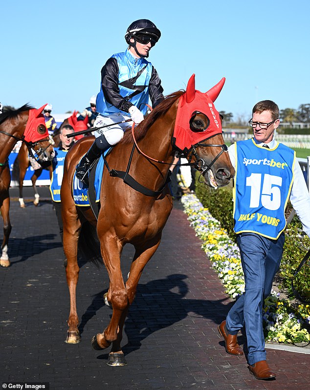MELBOURNE, AUSTRALIA - OCTOBER 18: Jamie Melham riding Half Yours before winning Race 9, the Sportsbet Caulfield Cup during Melbourne Racing at Caulfield Racecourse on October 18, 2025 in Melbourne, Australia. (Photo by Vince Caligiuri/Getty Images)
