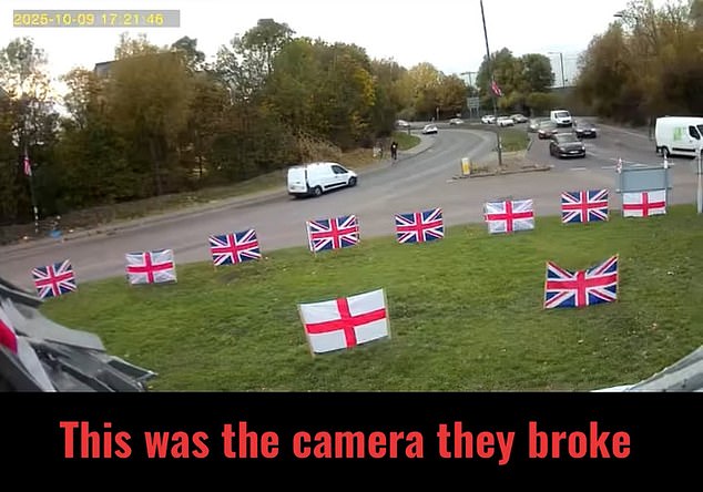A recording documenting the removal showed the roundabout before when it was adorned with flags, prior to the council operation