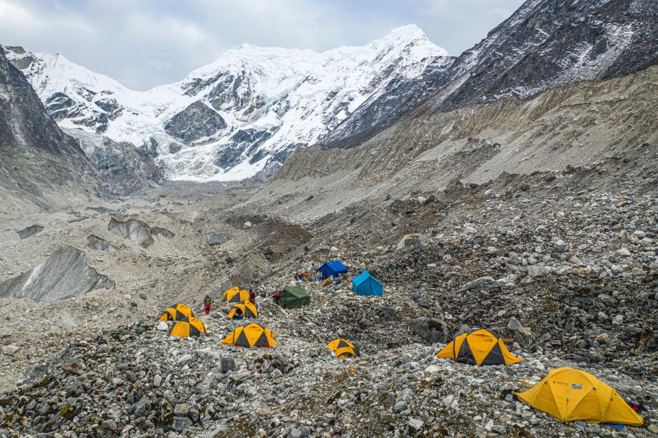 Aerial view of snowy mountain peaks and glacier in Rolwaling valley, Camp site glacier, Gauri Sankar, Bagmati, Nepal.