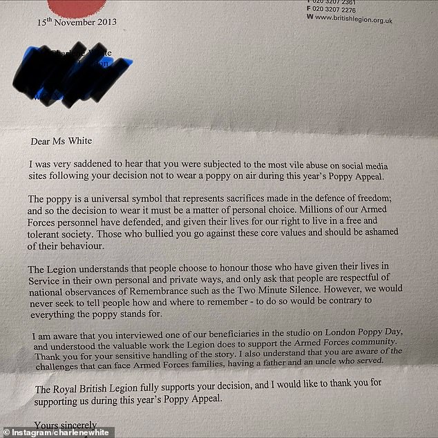 Charlene also shared a letter which was sent to her by the Royal British Legion in 2013