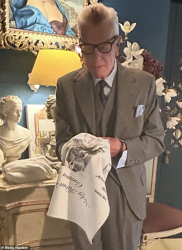 Released annually just in time for Christmas, the £50 cloth, £70 if signed and personalised, consists of 40 playfully snobbish traits, phrases and people that the high society octogenarian considers to be lower class. Pictured, Mr Haslam with this year's offering