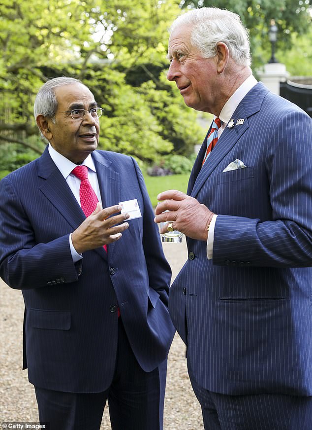 Mr Hinduja with King Charles - when he was Prince of Wales - at a 2019 charity event in London