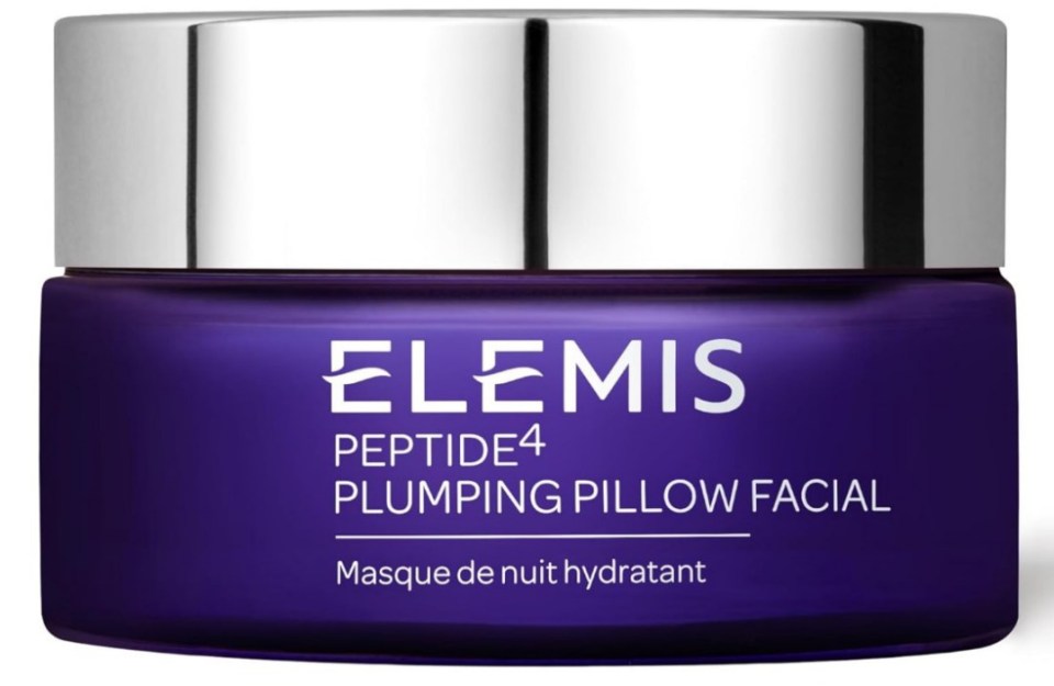 Elemis Peptide4 Plumping Pillow Facial Masque de nuit hydratant in a purple jar with a silver lid.