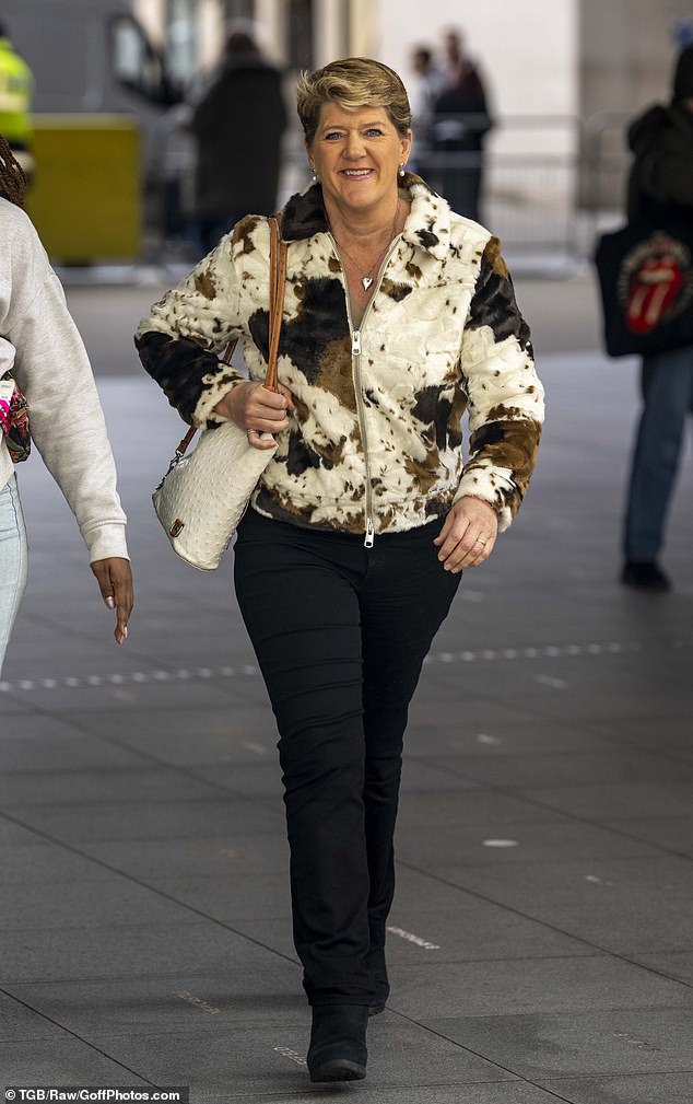 Clare Balding donned a full face of makeup as she strolled through the outside of BBC HQ