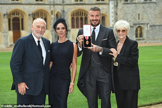 (L-R) Ted Beckham, Victoria Beckham, David Beckham and Sandra Beckham outside Windsor Castle on Tuesday morning