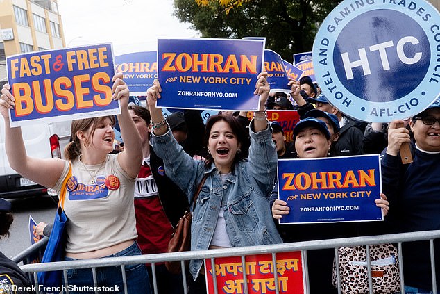 Supporters of Zohran Mamdani outside of LaGuardia Community College Performing Arts Center