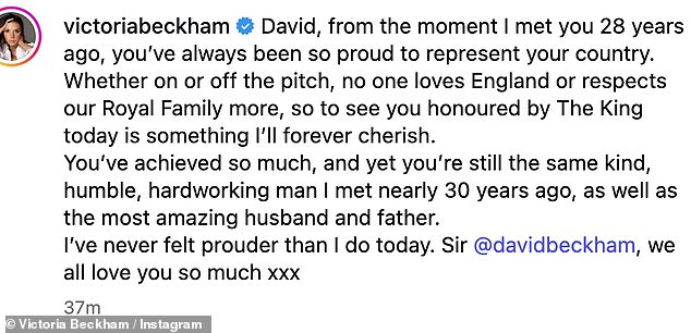 Sharing several sweet snaps of the couple, she gushed: 'David, from the moment I met you 28 years ago, you¿ve always been so proud to represent your country,'