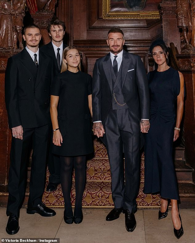 Romeo Beckham later posted a Beckham family photo with Sir David, Victoria, Cruz and Harper - but no Brooklyn, with whom there is a high-profile rift