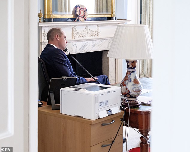While his wife goes for a more classic and grand interior, Prince William (pictured in his Kensington Palace office in 2020) appears to prefer a more practical style
