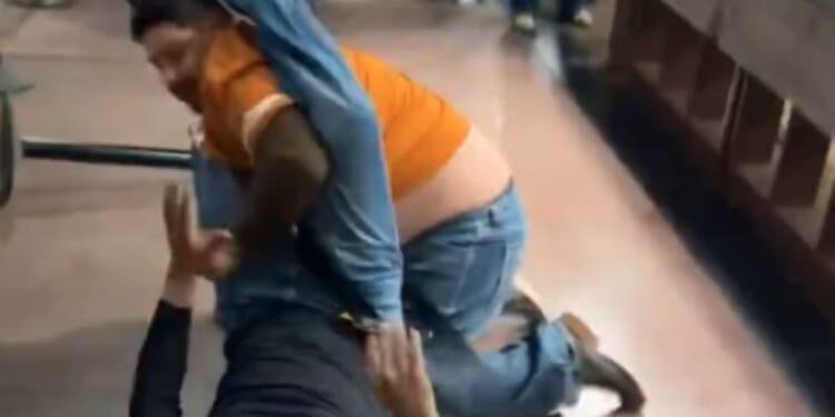 Shock moment brawl erupts at Bass Pro Shop as middle-aged men throw fists, kick each other and onlookers stand aghast